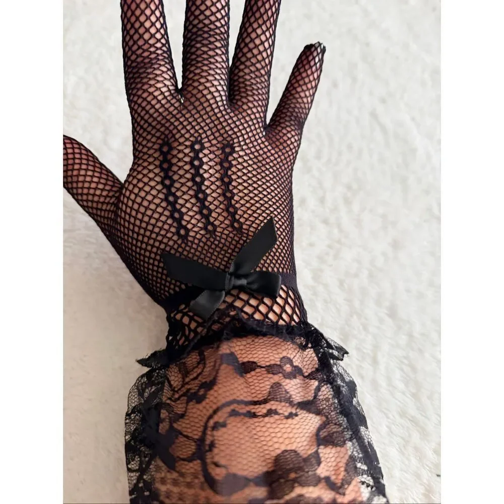 Black Lace & Fishnet Gloves with Bow Detail – NWOT